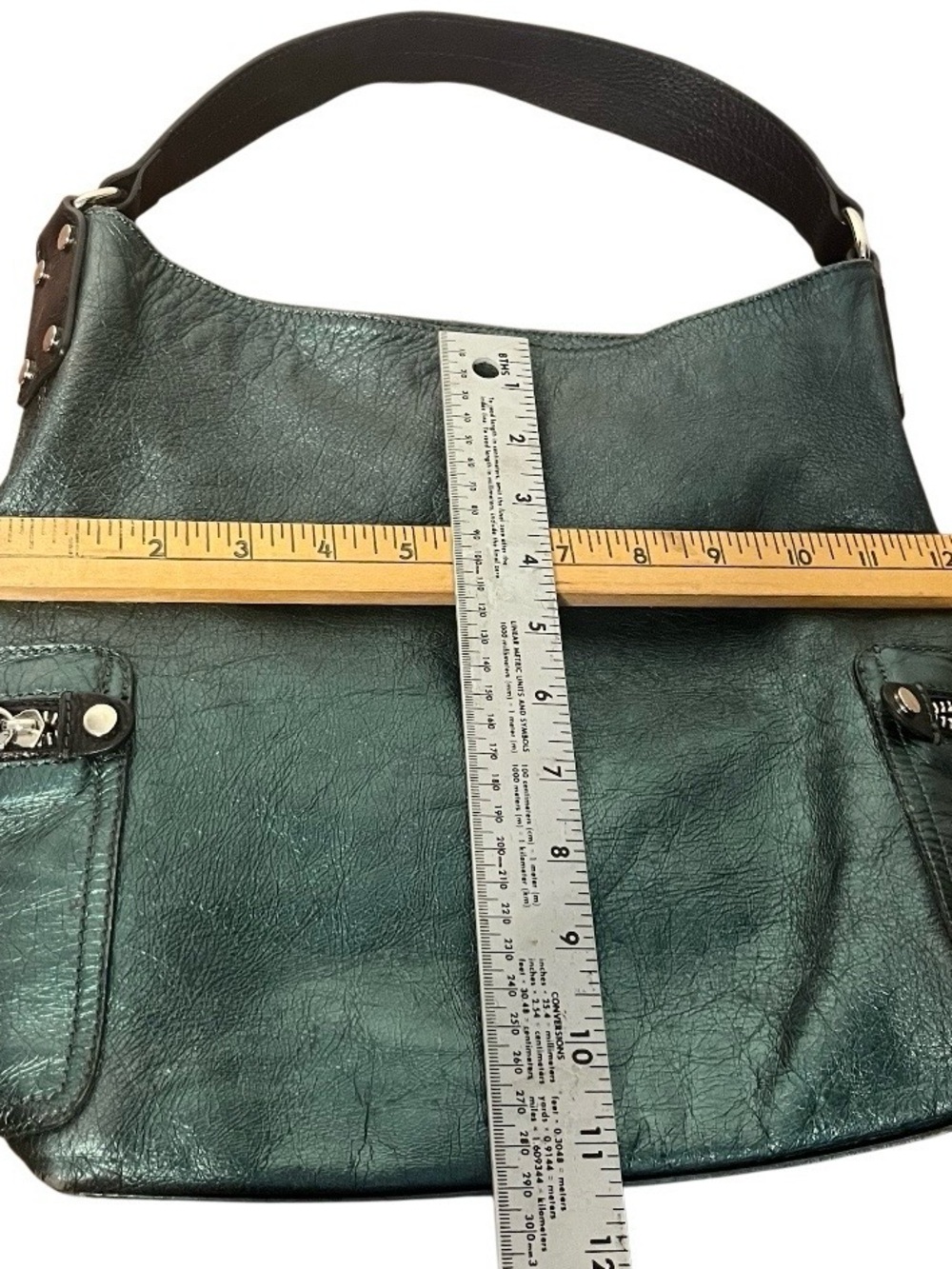 TANO Green Hobo Bag Tote Textured Leather Side Pockets Made in Italy - Picture 7 of 9